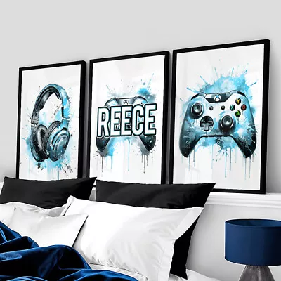 Set Of 3 Personalised Gaming Prints Boys Bedroom Games Room Xbox Blue Wall Art • £5.99