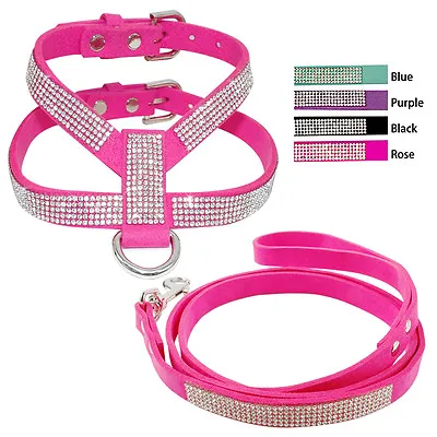 £16.79 • Buy Bling Rhinestone Diamante Studded Puppy Dog Harness & Lead Extra Soft Leather