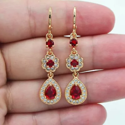 4Ct Pear Cut Lab Created Ruby Women's Drop/Dangle Earring 14K Yellow Gold Finish • $224.99