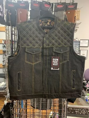 Men's Leather & Denim Vest With Gold Diamond Stitching  Size Medium 6677.00 • $129.95