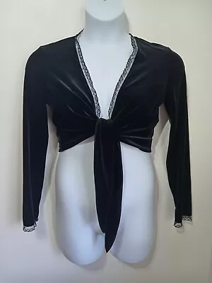 Wallis Black Velvet Tie Crop Top 14 Lace Trim Gothic Goth Vamp Cardigan Shrug • £20