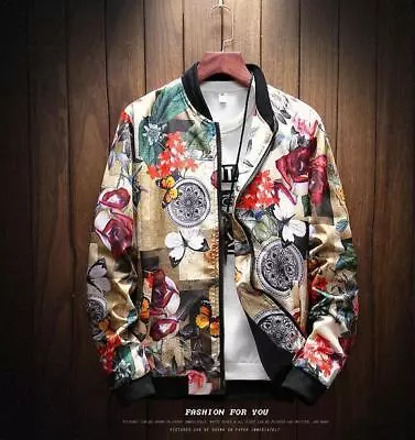 Mens Rainbow Printed Floral Baseball Jacket Thick Cotton Casual Coat Slim Fit • $47.14