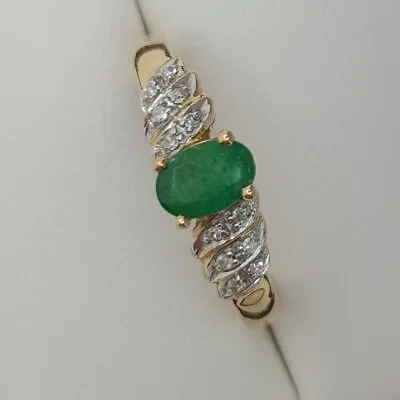 9ct Yellow Gold Emerald & Diamond Set Ring Finger Size Q • £175