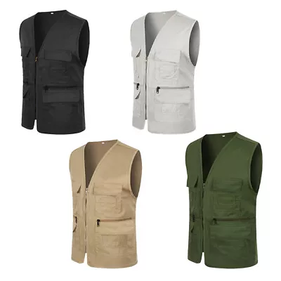 Men’s Multi Pocket Waistcoat Safari Vest Gilet Jacket Fishing Hunting BodyWarmer • £12.90