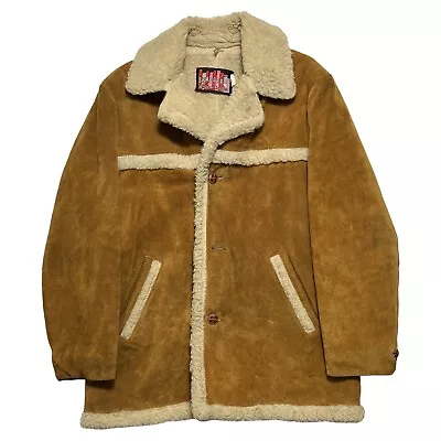 Vintage 70s Skaggerac Suede Leather Sherpa Lined Range Coat Jacket Sz L Western • $229.95