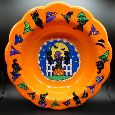 Vintage Berman Halloween Black Witch Cat On A Fence Large Plastic Candy Bowl • $10