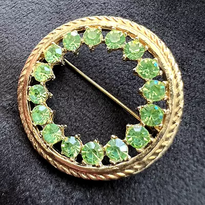 Vintage Art Deco Hollywood Circle Brooch Green Faceted Paste Crystals Gold Tone • £15.98