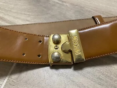 Authentic MOSCHINO Women Leather Belt Rare Gold Logo Monogram Redwall Vintage 40 • $99.99