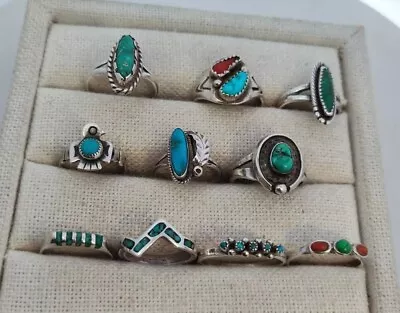 Lot Of 10 Vintage Sterling Silver Native American Navajo Rings All W/ Turquoise • $51