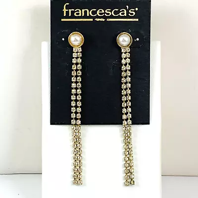 Long Vintage FRANCESSCAS Faux Pearl Rhinestone Gold Tone Dangle Pierced Earrings • $19.99