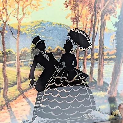 Vintage Autumn Fall Lovers Stroll Reverse Painted Silhouette Convex Glass 6 X 8  • $12.49