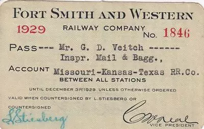 1929 Fort Smith & Western Railway Co Pass - MKT Katy Railroad • $40