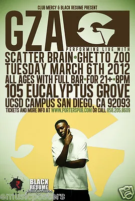 GZA / SCATTER BRAIN / GHETTO ZOO 2012 SAN DIEGO CONCERT TOUR POSTER-Hip-Hop Rap • $15.96