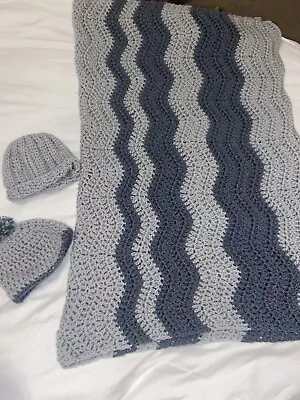 Hand Knitted Crochet Baby Blanket And Hat Set Newborn Comforter • £8