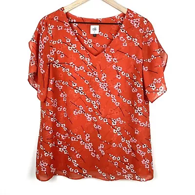 Cabi Blouse Womens Medium Chiffon Orange Cherry Blossom Top Split Sleeve 5712 • $17.99