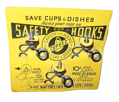 Vintage Brass Safety Cup Hooks Cupboard Spring Hangers Hardware Avertising USA • $19.99