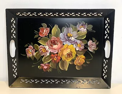 Vtg Black Tole Gallery Serving Tray Fine Arts Studios Hand Painted Floral Handle • $25