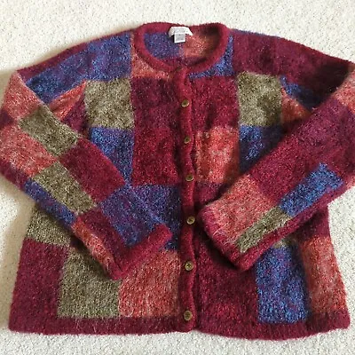 Christopher Banks Sweater Womens Small Multicolored Cardigan Patchwork Mohair   • $23