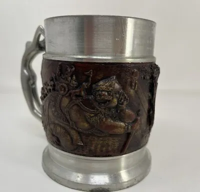Vintage Pewter Beer Mug/ Stein Thailand Forklore Faux Wood Design  • $34.95