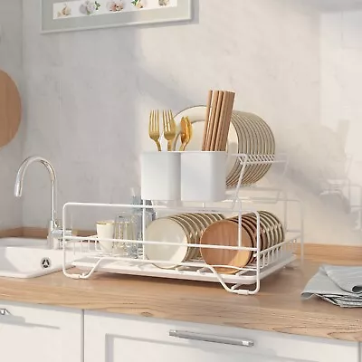 Dish Drying Rack Metel 2-Tier Dish Rack Utensil Holder Kitchen White • $16