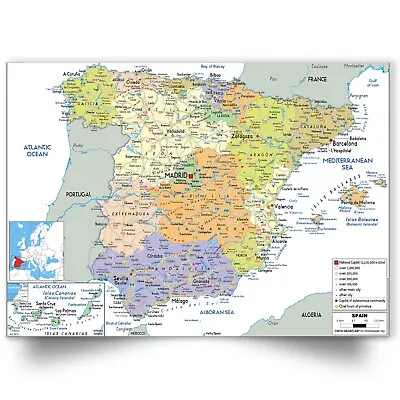 Map Of Spain And Portugal Educational Map Detailed Towns And Cities Poster • £5.99