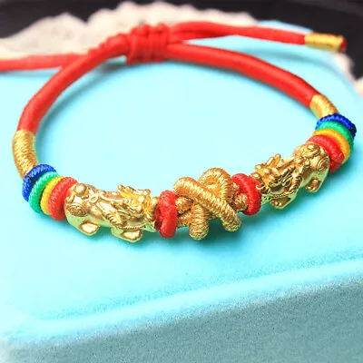 999 Pure 24k Yellow Gold Bracelet 3D Pixiu Dragon Son Red String Bracelet 6.5''L • £147.19