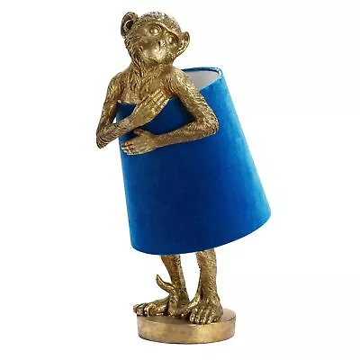 Chester Gold Monkey Table Lamp W/Blue Velvet Shade - 9 X 9 X Blue Antiqued Bras • $93.49