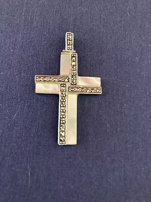 Vintage 925 Sterling Silver Mother Of Pearl And Marcasite Cross Pendant Only • $50