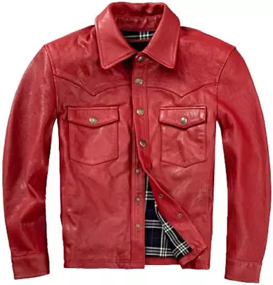 Men's Red Leather Shirt Real Lambskin Biker Leather Jacket • $109