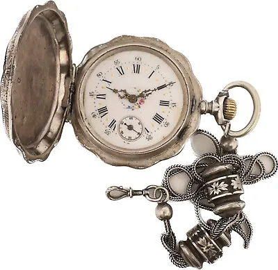 Antique 52mm Mechanical Hunter Pocket Watch .875 Silverw Silver Slide Chain • $255