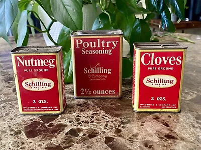 3 Vintage SCHILLING Spice Tins Containers Nutmeg Cloves Poultry Seasoning Lot • $18.99
