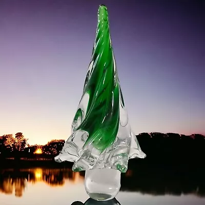 Murano Christmas Tree Italian Hand Blown Art Glass Encased Clear Green Vintage  • $93.74
