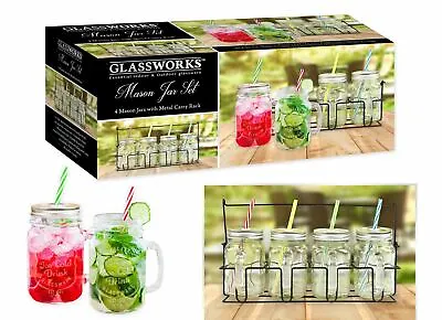 Mason Jar Drinking Glass Set Of 4 Carry Rack Cocktail BBQ 400ml Includes Straws • £12.99