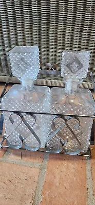 Vintage Glass Decanter Set Liquor Bottles Square With Holder Caddy • $60