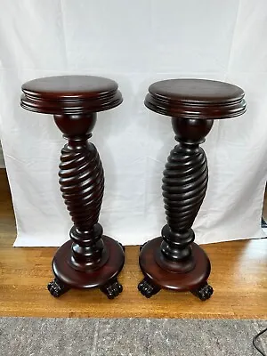 PAIR MATCHING LARGE Mahogany Carved Twist Pedestal Plant Stands Horner? NOT OAK • $1750