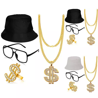 4Pcs Hip Hop Costume Rapper Necklace Accessories 80S 90S Hat Ring Cosplay Set UK • £13.69