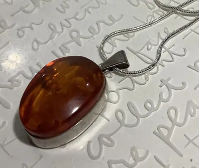 Vtg EINER FEHRN Danish Oval Honey Baltic Amber 925S Pendant Necklace 18” 10.9g • $166.25