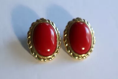 Vintage MONET Red Enamel & Yellow Gold Plated Oval Button Clip Earrings • $10