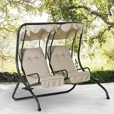 Swing Chair Hammock 2 Seater Canopy Cushion Sun Shade Steel Beige Garden • £175.99