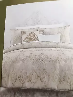 NICOLE MILLER Gold Cream Taupe FLORAL DAMASK 3 PC Queen Duvet & Shams NEW • $107.99