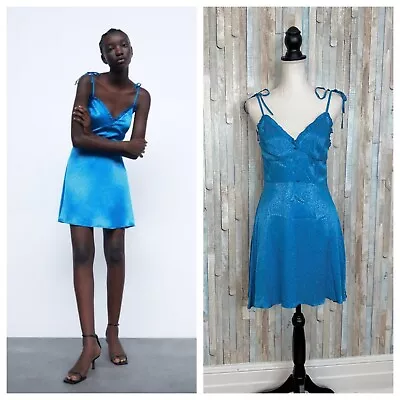 Zara S Blue Pebbled Satin Effect Mini Dress Tie Shoulder Triangle Bust Cup Party • $25