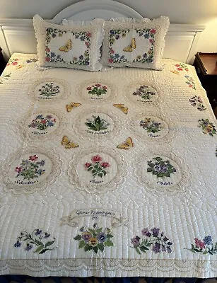 Vintage Hand Embroidered 84  X 86  Quilt W/2 Shams Named Flowers Scallop Edge #L • $350