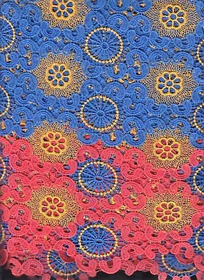 4.7 YARD African Cord Lace Fabric  BLUE AND RED EMBROIDERED BY GOLDEN THREAD • $72.99