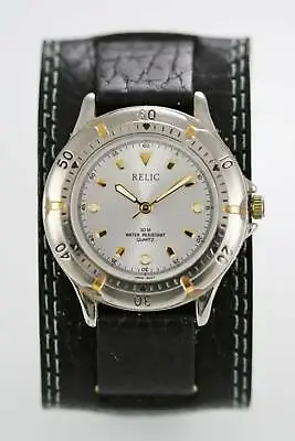 Relic Watch Mens Wide Black Leather Stainless Steel Silver Gold 30m White Quartz • $29.95