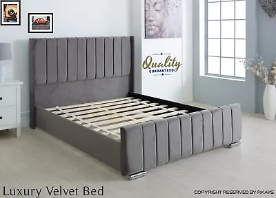 Plush Velvet Wingback Bed Panel Frame Handmade Design Upholstered Luxury Grey UK • £229.49