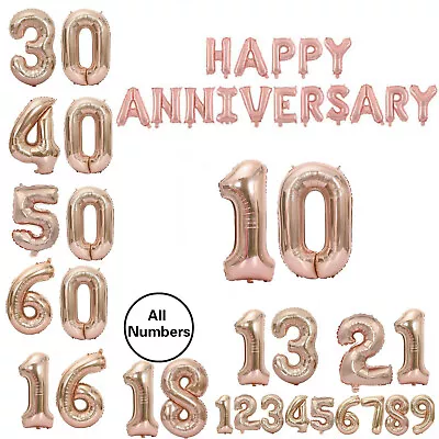 Rose Gold Happy Anniversary Balloons Foil Banner Number 10th 1st 20th Decor • £8.99