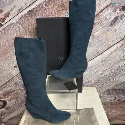 $179.55 • Buy Giuseppe Zanotti Navy Notte Tronchetto Suede Leather Wedge Tall Boots Size 40/10