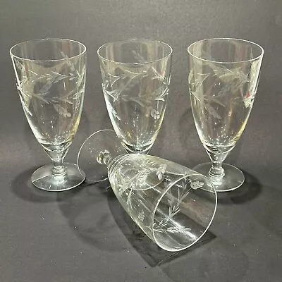 Vintage Crystal Etched Glasses Set Of 4 Wheat Pattern Wine Water Juice Tea MINT! • $34.88