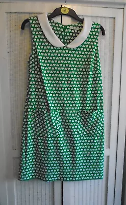 Size 12 Tu Green And White Love Hearts 60's Style Collard Dress • £6.99