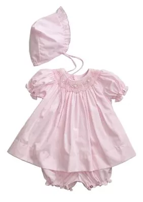 Petit Ami Baby Girls Newborn Pink Gingham Check Smocked Dress Panty & Bonnet • $37.49